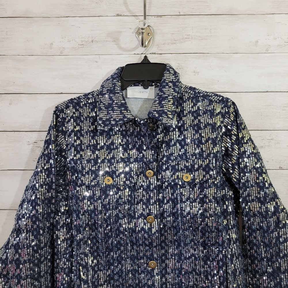 Boutique Denim Blue Jacket Silver Sequin Embellished Brass Button Raw Hem Sz XS - Picture 3 of 12